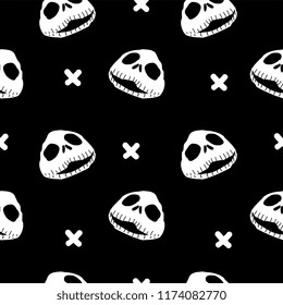 Halloween seamless pattern with spooky skull head very creepy design vector illustration black and white colors.