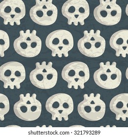 Halloween seamless pattern with spooky skulls on a dark blue background. Desaturated muted colors (dark blue, off-white) with a grunge texture. Comic cranium for childish design