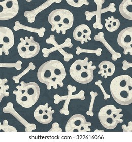 Halloween seamless pattern with spooky skulls and bones on a dark blue background. Desaturated muted colors (dark blue, off-white) with a grunge texture. Comic skeletons for childish design