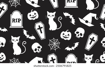 Halloween seamless pattern. Spooky vector bat, Dracula coffin,spider web, cat, pumpkin, grave, skull, witch hat  isolated illustration on tile background, wallpaper black. White and black.