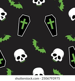 Halloween seamless pattern. Spooky vector bat, Dracula coffin, skull isolated illustration on tile background, wallpaper black. Green and Black pattern.