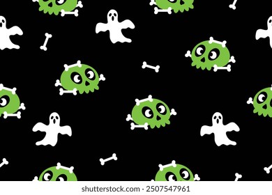 Halloween seamless pattern. Spooky vector skulls and ghosts isolated illustration on black  background, wallpaper. Green and Black pattern.