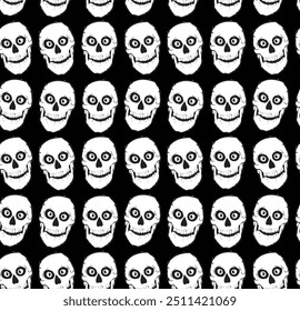 Halloween seamless pattern. Spooky vector hand drawn skulls isolated on black white background, wallpaper. White and Black pattern.
