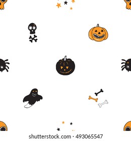 Halloween seamless pattern with stars, bones, ghost, spider, pumpkin, mexican skull with crossbones. Beautiful vector background for decoration halloween designs. 