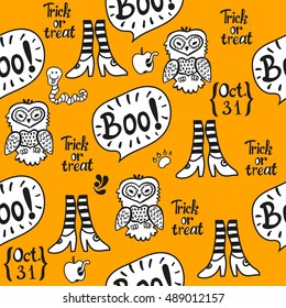 Halloween seamless pattern with stickers design. It can be used for printing, postcards, posters, invitations and other creative ideas. Vector illustration in cartoon style for your design.