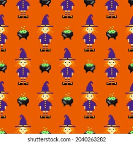 Halloween  seamless pattern in style of eight-bit game. Witch and cauldron with potion.Texture for fabric, wrapping, wallpaper. Decorative print.Vector 