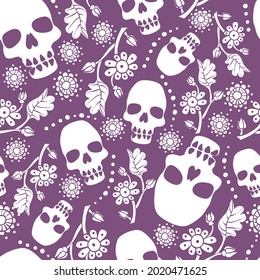 Halloween seamless pattern with stylized human skulls. Stock illustration.