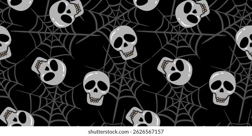 halloween seamless pattern with stylized skulls spider webs black background, holiday design, cartoon skeleton cobweb illustration textile wrapping paper