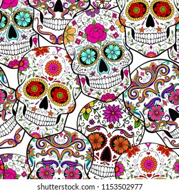 Halloween seamless pattern with sugar skulls