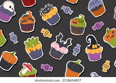 Halloween seamless pattern of sweet treats stickers isolated on black background. Halloween food. Halloween banner.