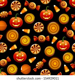 Halloween seamless pattern with sweets, candy corn and pumpkins on black background. Vector illustration 