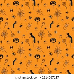Halloween seamless pattern with sweets, candy, pumpkins, zombie hand and spiderweb on orange background. Vector illustration
