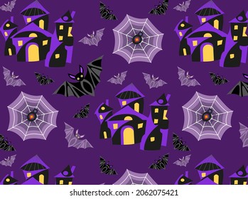 Halloween seamless pattern. A terrible castle, spider webs and bats on a purple background. For printing, for fabrics, for packaging.