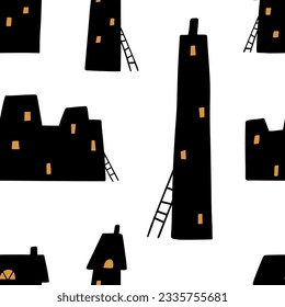 Halloween seamless pattern with terrible houses. Modern design for clothes, fabric, paper, cover, interior decoration. Vector texture. EPS 10