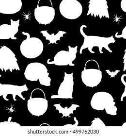 Halloween seamless pattern. Halloween texture background. Black and white. For party invitation, greeting card, banner, fabric print. Vector 10eps. Seamless in swatch. Easy to edit.