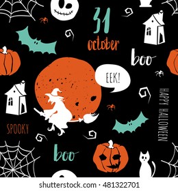 Halloween seamless pattern. Texture with cat, bat, pumpkin, witch, web, full moon. Template for textile, fabric, party card, invitations, stickers.