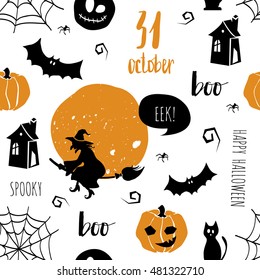 Halloween seamless pattern. Texture with cat, bat, pumpkin, witch, web, full moon. Template for textile, fabric, party card, invitations, stickers.