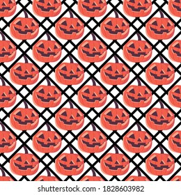 Halloween seamless pattern. Texture with pumpkin face horror pumpkin jack o lantern seamless pattern on white background. spooky halloween pumpkin pattern. Festive wrapping paper.