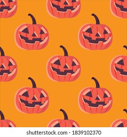 Halloween seamless pattern. Texture with pumpkin face horror pumpkin jack o lantern seamless pattern on yellow background. spooky halloween pumpkin pattern. Festive wrapping paper.