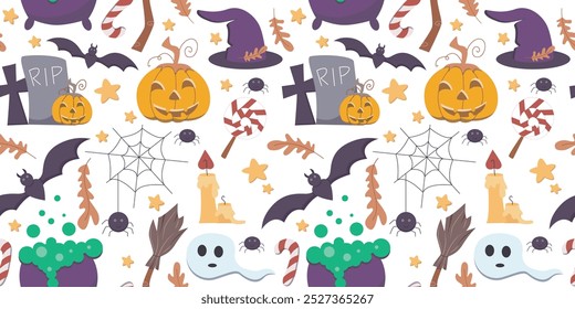 Halloween seamless pattern. Themed background with pumpkin, witch hat, broom, witch cauldron, ghost, spider with web, candles and tombstone. Halloween print for textile, packaging, paper and design