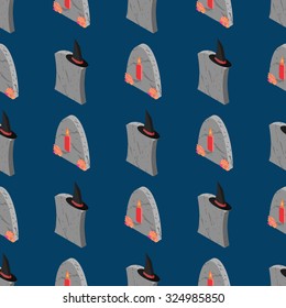 Halloween seamless pattern. Tombstone, candle and witch`s hat background. Isometric tombstones texture for printing, design, web, packing