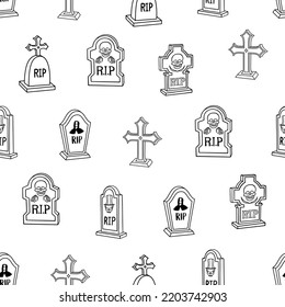 Halloween seamless pattern with tombstone. Outline illustration for seasonal design, textiles, decoration, greeting card.