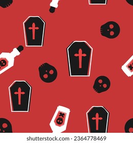 Halloween seamless pattern with tombstone, skull and poison bottle   on red blood background vector.