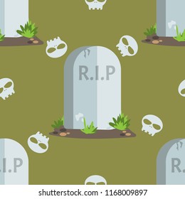 Halloween seamless pattern tombstones and skull with R.I.P text.