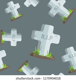 Halloween seamless pattern tombstones and skull with R.I.P text.