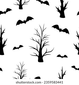 Halloween seamless pattern with tree, bat. Vector illustration.