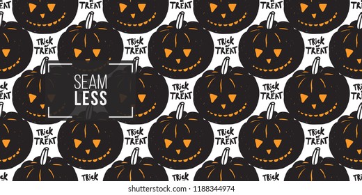 Halloween seamless pattern with trick or treat slogan and black pumpkin. Cute vector background for decoration halloween cadrs, package paper, flyer. 