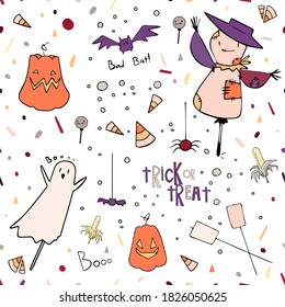 Halloween seamless pattern trick or treat. Candy corn and pumpkin  vector elements in cartoon style. Autumn design for fabric with ghost, scarecrow, marshmallow. Illustration in pastel color.