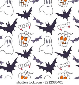halloween seamless pattern trick or treat, halloween colors background with monsters, ghost, bats, vampire teeth, pumkins