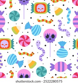 halloween seamless pattern trick or treat, cute little snakes, sweet corns, lollipops and sweets with skull on white background