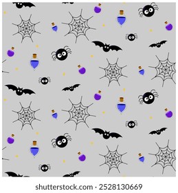 halloween seamless pattern trick or treat, halloween colors background with bats, spiders, potions, web vector
