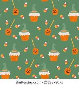 Halloween seamless pattern for Trick or Treat designs. Hand drawn scary lollipops, witchy cupcakes and corn candies. Cute print design for Halloween on green background