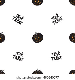 Halloween seamless pattern with trick or treat slogan and black pumpkin. Beautiful vector background for decoration halloween designs. Cute minimalistic art elements on white backdrop.