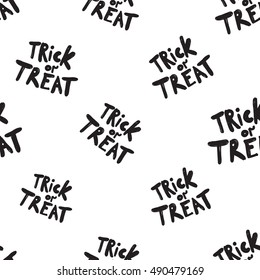 Halloween seamless pattern with trick or treat slogan. Beautiful vector background for decoration halloween designs. Cute minimalistic art elements on white backdrop.