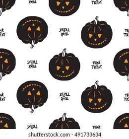 Halloween seamless pattern with trick or treat slogan and black pumpkin. Beautiful vector background for decoration halloween designs. Cute minimalistic art elements on white backdrop.