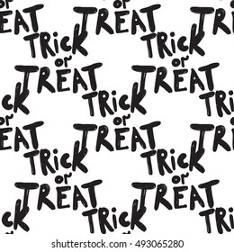 Halloween seamless pattern with trick or treat slogan. Beautiful vector background for decoration halloween designs. Cute minimalistic art elements on white backdrop.
