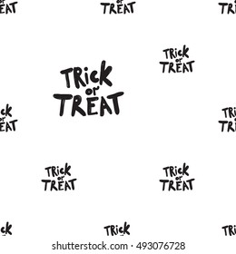 Halloween seamless pattern with trick or treat slogan. Beautiful vector background for decoration halloween designs. Cute minimalistic art elements on white backdrop.