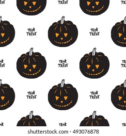 Halloween seamless pattern with trick or treat slogan and black pumpkin. Beautiful vector background for decoration halloween designs. Cute minimalistic art elements on white backdrop.