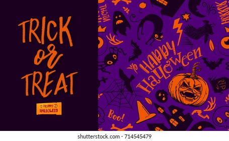 Halloween seamless pattern with Trick or treat calligraphy text. Vector background. Ornament for greeting card or takeaway cup. Orange and purple colors. Grave, ghost, pumpkin, cat, bat, castle