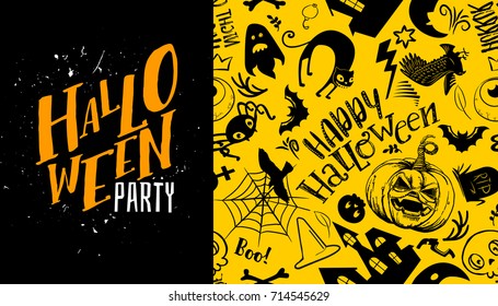 Halloween seamless pattern with Trick or treat calligraphy text logo. Vector background. Ornament for greeting card, invitation, poster. Black and yellow colors. Grave, ghost, pumpkin, cat, bat
