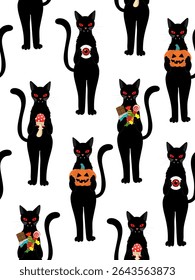 halloween seamless pattern with vampire black cats holding pumpkin, eyeball, mushroom and candy on white background, spooky abstract festive decoration design