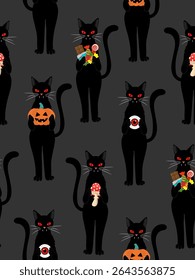 halloween seamless pattern with vampire black cats holding pumpkin, eyeball, mushroom and candy on dark background, cute spooky poster or postcard design
