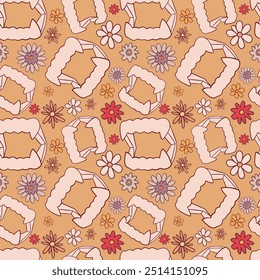 Halloween Seamless Pattern with Vampire Fangs and Floral Elements on Tan Background