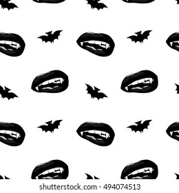 Halloween seamless pattern, vampire sexy lips with fangs and bat. 