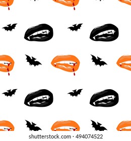 Halloween seamless pattern, vampire sexy lips with fangs and bat. 