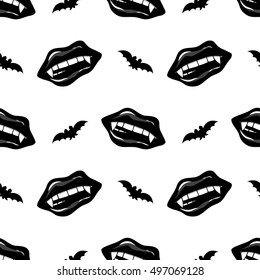 Halloween seamless pattern, vampire sexy black lips with fangs and bat.